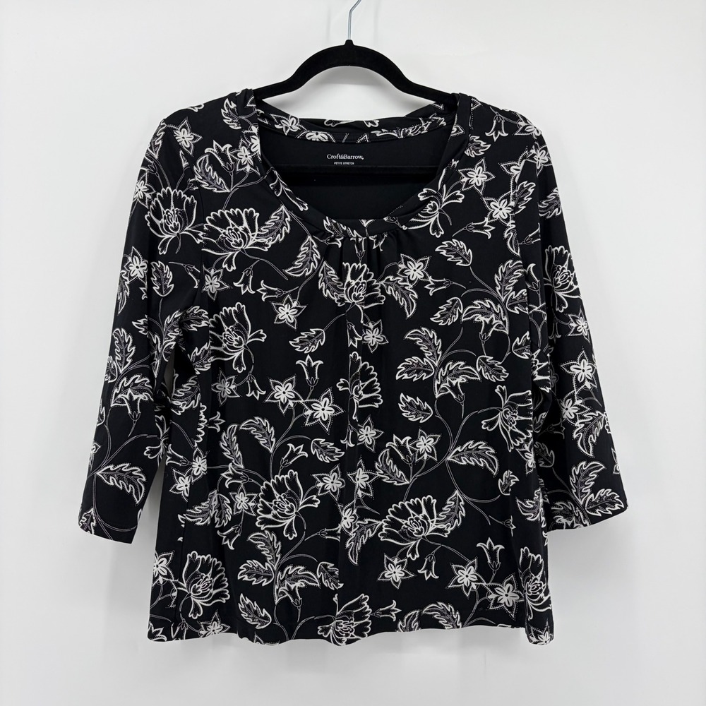 Croft & Barrow Petite Medium Stretch Black Floral 3/4 Sleeve Blouse Top